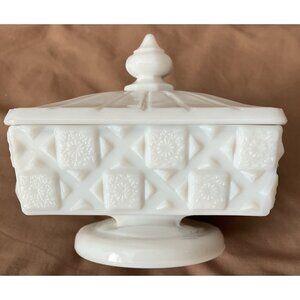 Westmoreland Milk Glass Pedestal Square Candy Dish With Lid - Old Quilt Pattern